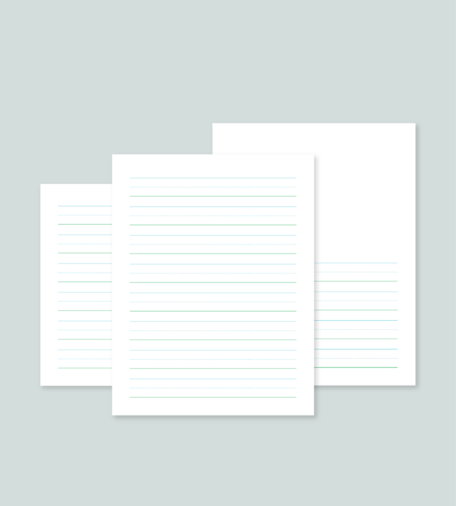 Three 8.5x11" layouts for handwriting paper. Line blue solid and dottled lines fill the page. The templates include landscape and portrait layouts and one with an area to draw.