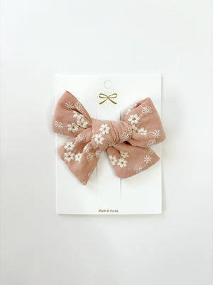 Powder Pink Bow with White Embroidered Details