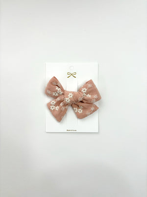 Powder Pink Bow with White Embroidered Details