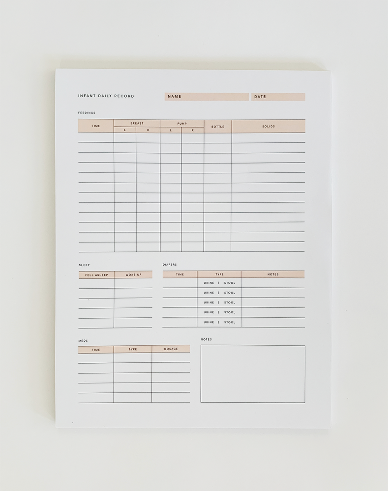 Infant Daily Record Tearsheet Notepad with light coral accents. The log tracks feedings, sleep, diapers, meds and notes.