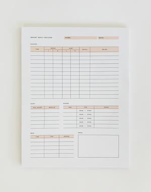 Infant Daily Record Tearsheet Notepad with light coral accents. The log tracks feedings, sleep, diapers, meds and notes.