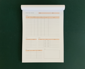 Feeding and Diaper Log for infants in tearsheet format. Features areas to log feedings, sleep, diapers, meds and notes.